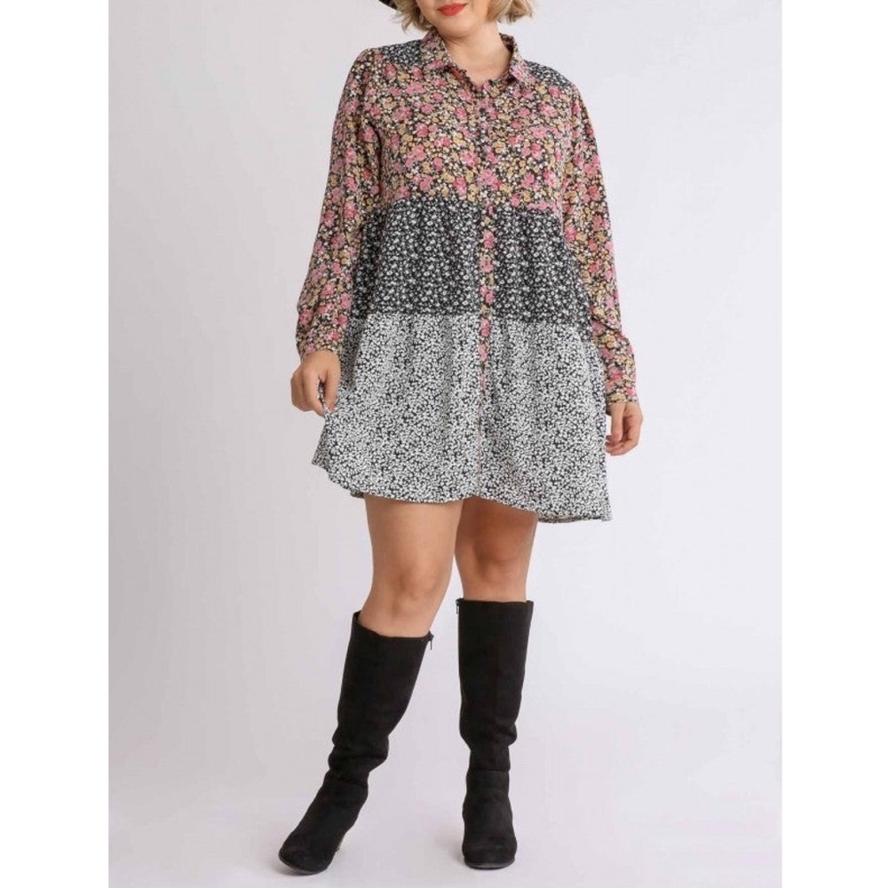 Umgee Tiered Mixed Floral Print Button Front Long Sleeve Dress Pockets 2XL